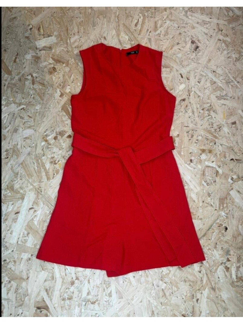 Mango MNG Basics Red Sleeveless Romper Jumpsuit Womens Size S Belted Crew Neck